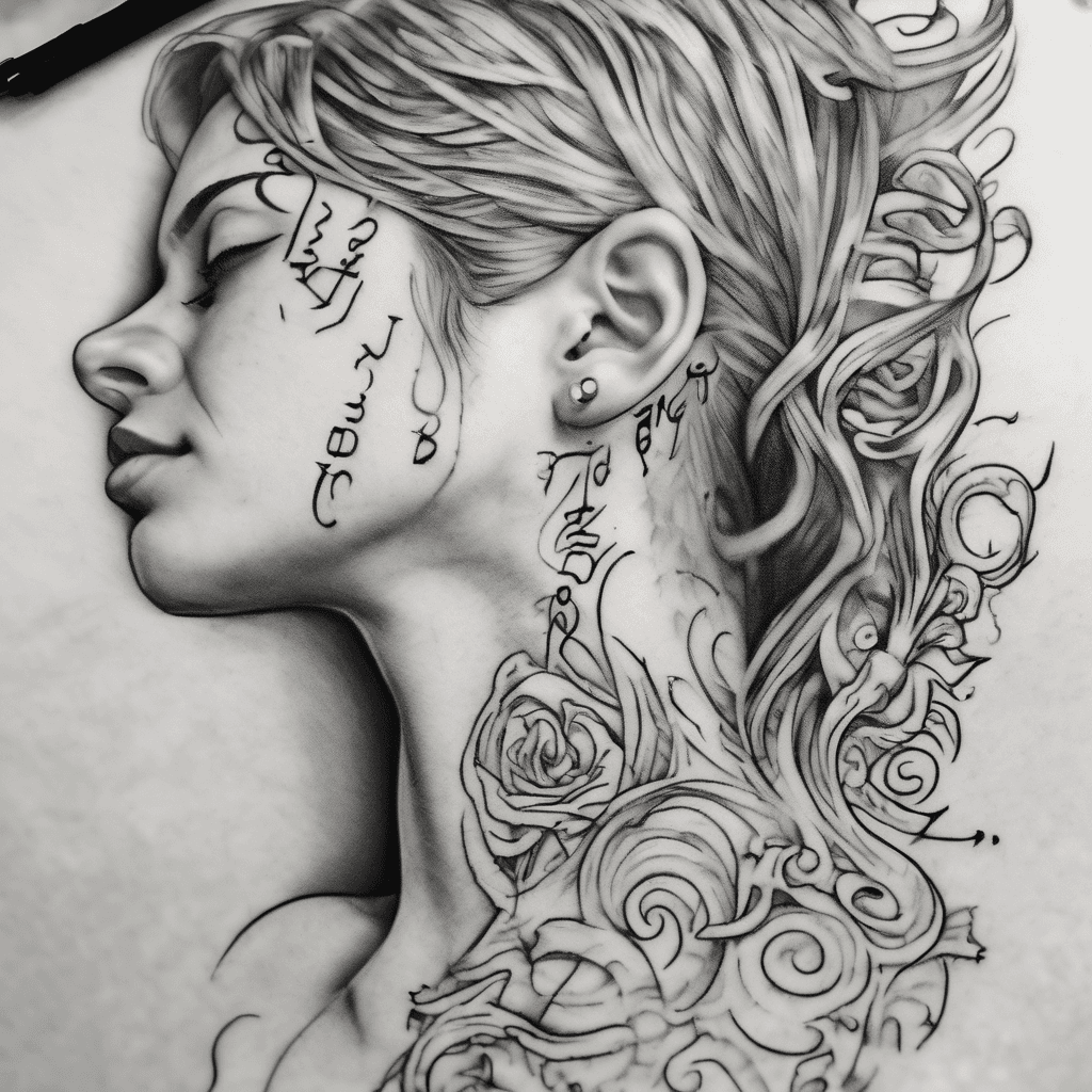 I want the initials DDK going diagonally vertical down my neck behind my ear and I want the font of them to be in old English cursive and I want small little lines and swirls and dots around the letters to add detail