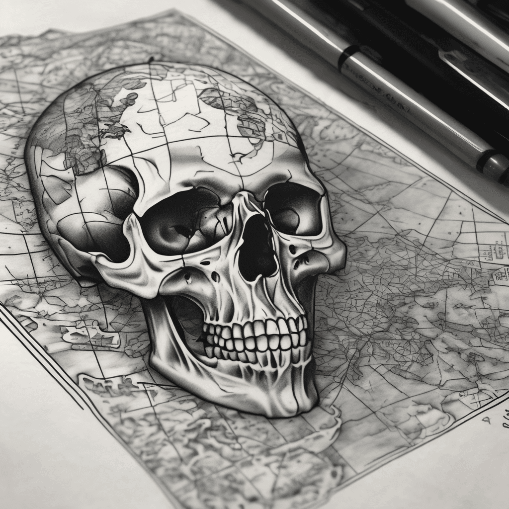 Spilhaus projection map. In background, partially covered by the map, a skull-and-crossbones in raw style. All black & white.