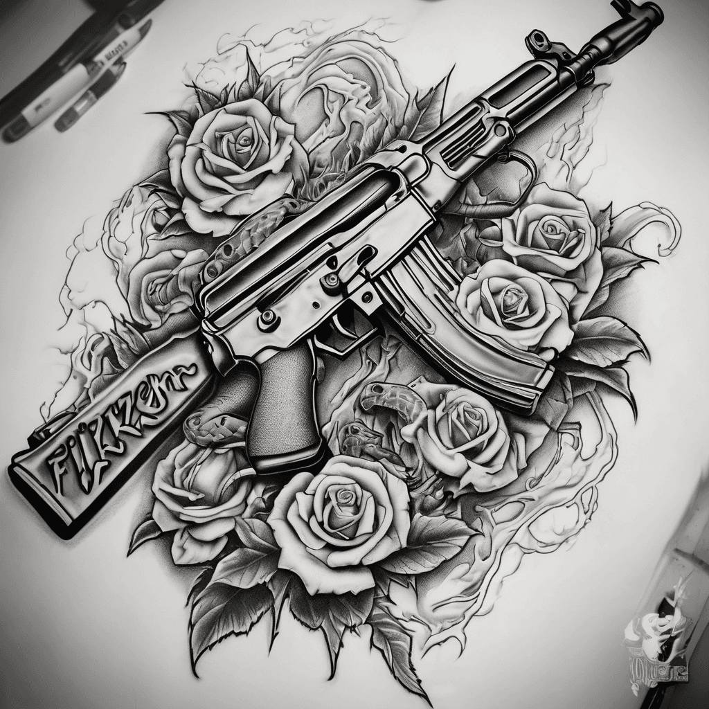 Tattoo design of a realistic 3d ak47 with the name fitzner spelled out as the shape with skulls snakes dragons roses barbed wire with flames and dripping blood