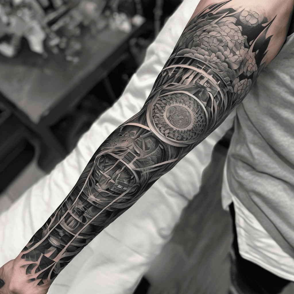 Full-arm 360° Japanese blackwork sleeve tattoo design, from shoulder to wrist. The design must wrap completely around the entire arm, covering the upper arm AND continuing fully down through the entire forearm — do not stop at the mid-arm o