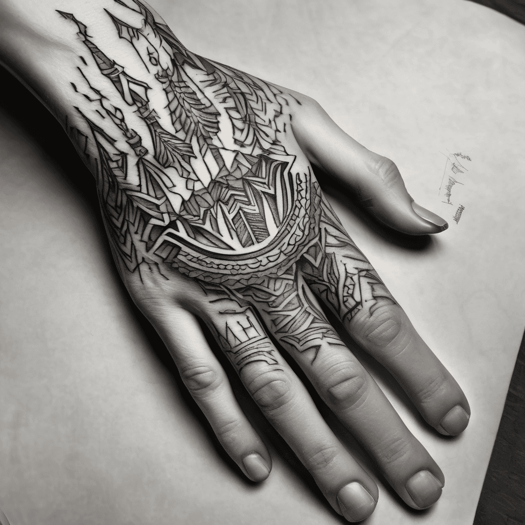 Tribal design in black lines going up the back of fingers to the back of the hand. I already have 6 large dots going up my middle finger to the 2nd knuckle, then it branches to either side creating a Y across index and forefinger