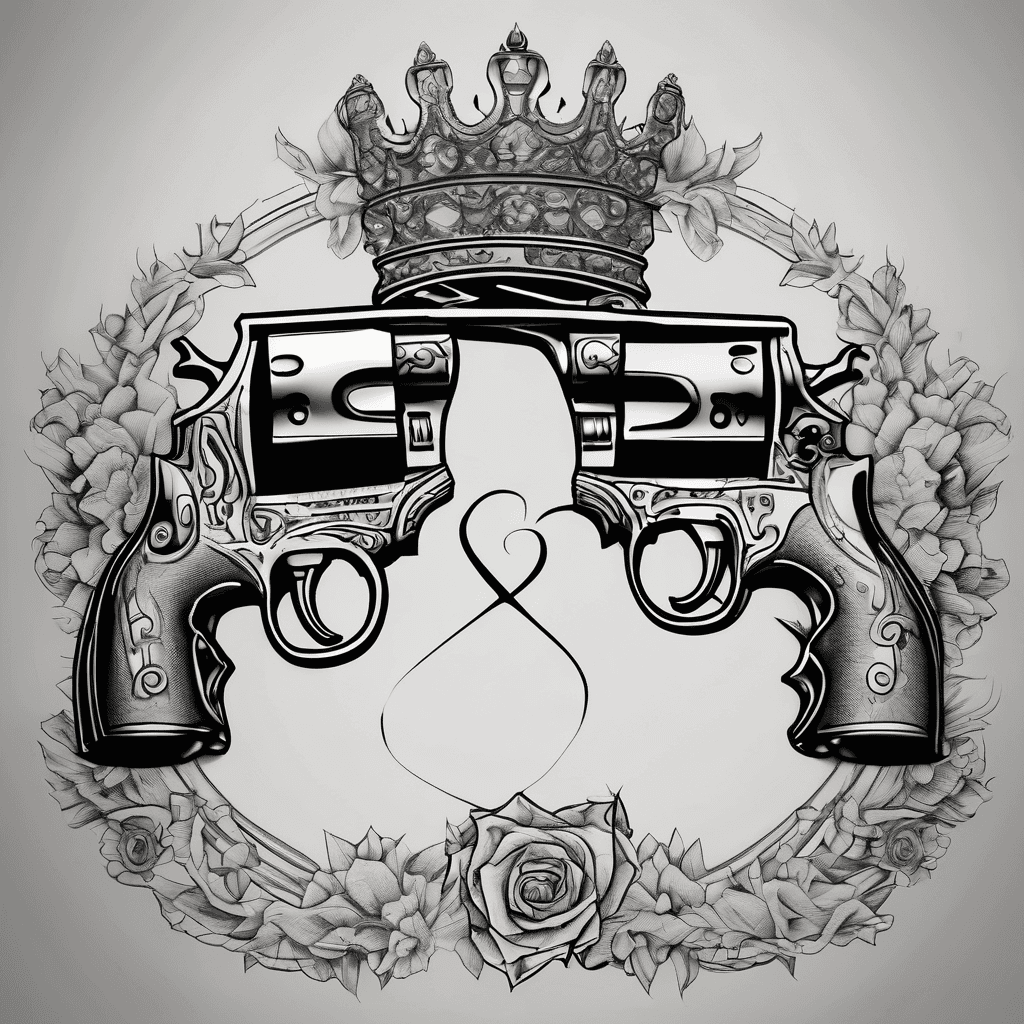 Two .38 special revolvers, butts touching making a heart, with a princess crown hanging on the butt of the guns