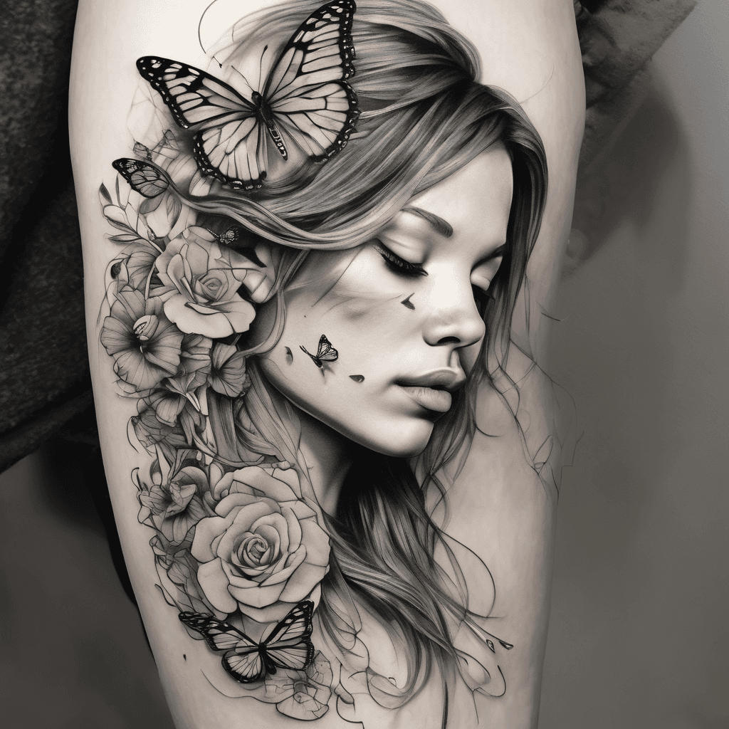 Black and gray left hand side of a womans face, with flowers for hair trailing down over her left shoulder and flowing forward. The woman is blowing from her flat hand three small butterflies