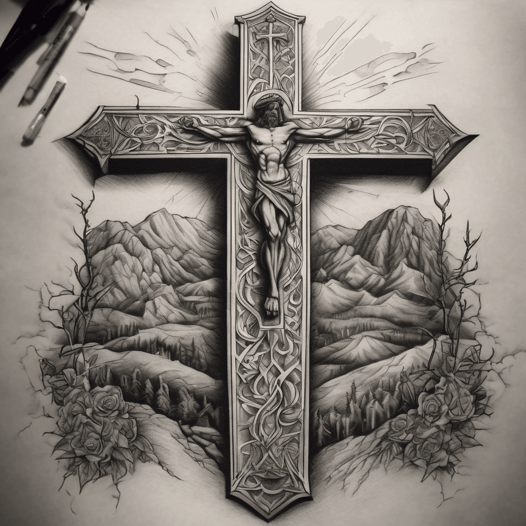 This is for a complete back tattoo. I'd like my tattoo to include the 3 crosses on calvary. I'd like a sign in hebrew "King of the Jews" on the middle cross, with a crown of thorns hanging on it and a robe draped across the side beams. Underneath the hill at calvary, I'd like for there to be the empty tomb, with the stone rolled away. I'd like for the robes of Jesus to be on the ground outside the tomb with the footprints of Jesus walking out of the tomb. Finally, I'd like the Verses of Matthew 16:24-25 in cursive