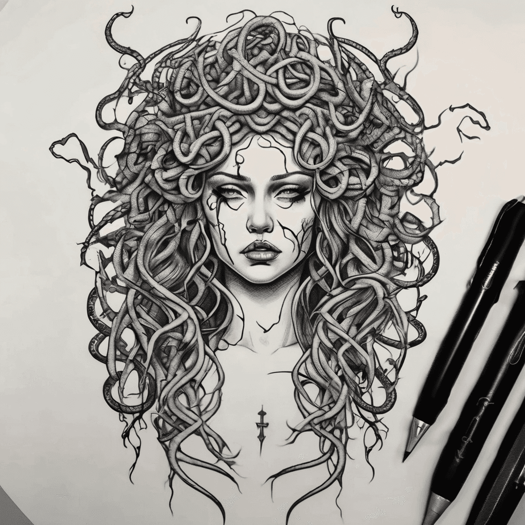 Gothic medusa head, with blood tears, sword through her head, lots of snakes, thin design to suit down spine