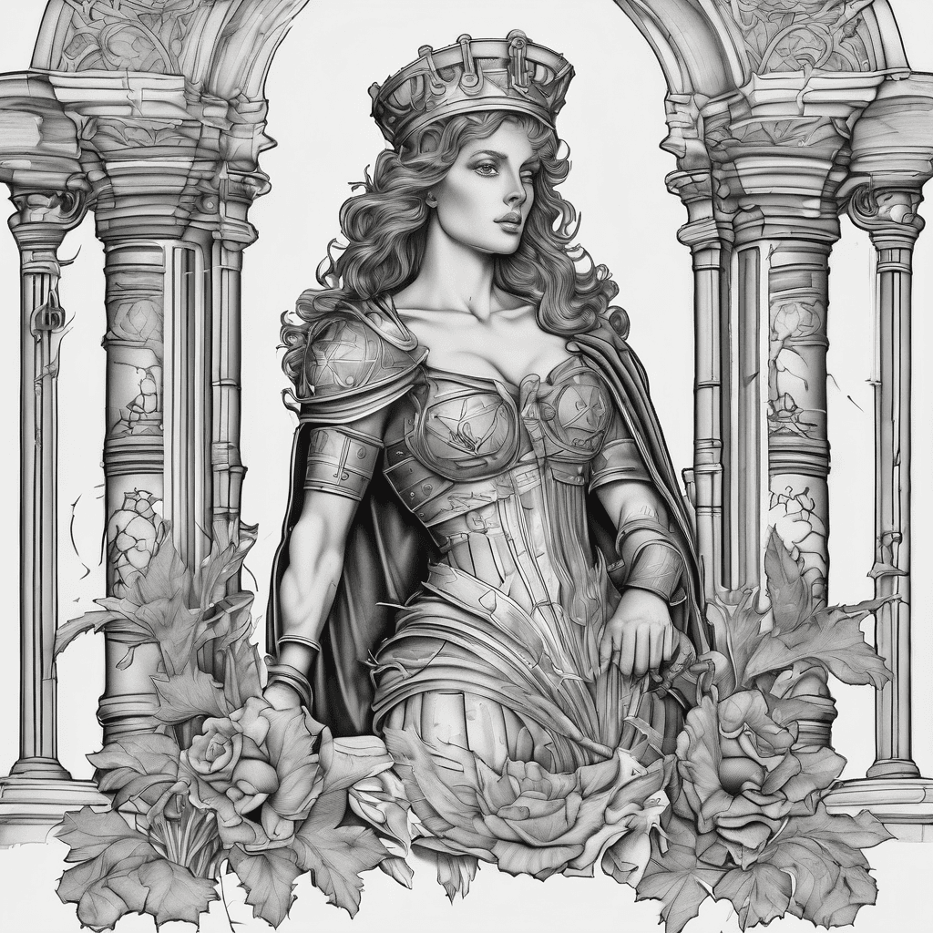 Black ink. Sexy Saint Barbara with an artillery shell. There should be a castle tower in the background with 3 windows. And a M777 in it
