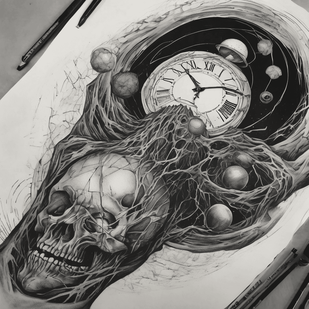 Blackwork full forearm sleeve tattoo, elbow to wrist, both sides. Dark existential theme. Sisyphus figure pushing huge boulder near elbow. Large black hole with Saturn rings merging with broken Roman numeral clock in the middle. Dense chaotic scribbled lines forming a faceless overthinking head. Detailed screaming skull near wrist. Film-strip meat cleaver cutting through the design. Dark Superman-Punisher silhouette with skull logo and gun, dissolving into the chaos. High contrast black ink, bold lines, cross-hatching, ink splatters, continuous flowing composition, tattoo-ready.