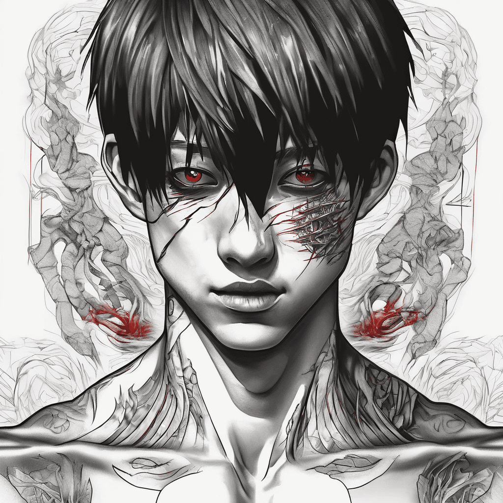 Generate a tattoo that starts from the shoulders and goes down to the elbow/bicep. Using Ken Kaneki’s kagune sroouting from my shoulder and creeping down, starting red and slowly getting to black at the tips. Surrounded by the famous 1000-7