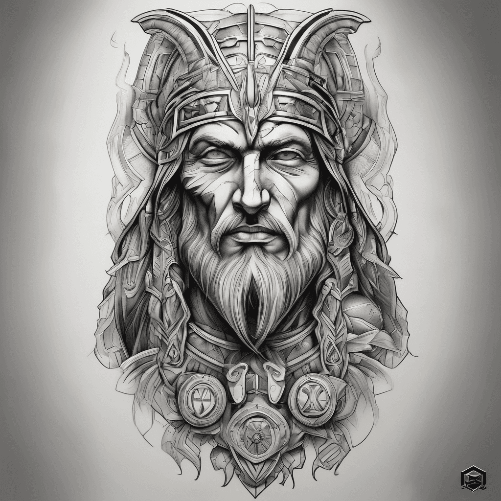 creat a full leg tattoo with the gods Zuse Odin mars and Ra make them realistic and make them muscular
