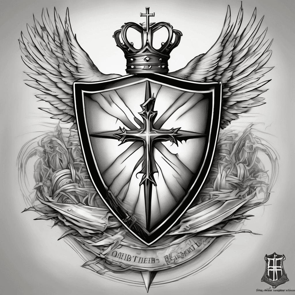 extend this Christian military-style tattoo with a winding path around the shield, incorporating a dove and light rays (blessing), a crown of thorns and broken cross (suffering), crossed swords/shield-to-shield brotherhood motif, and a sing