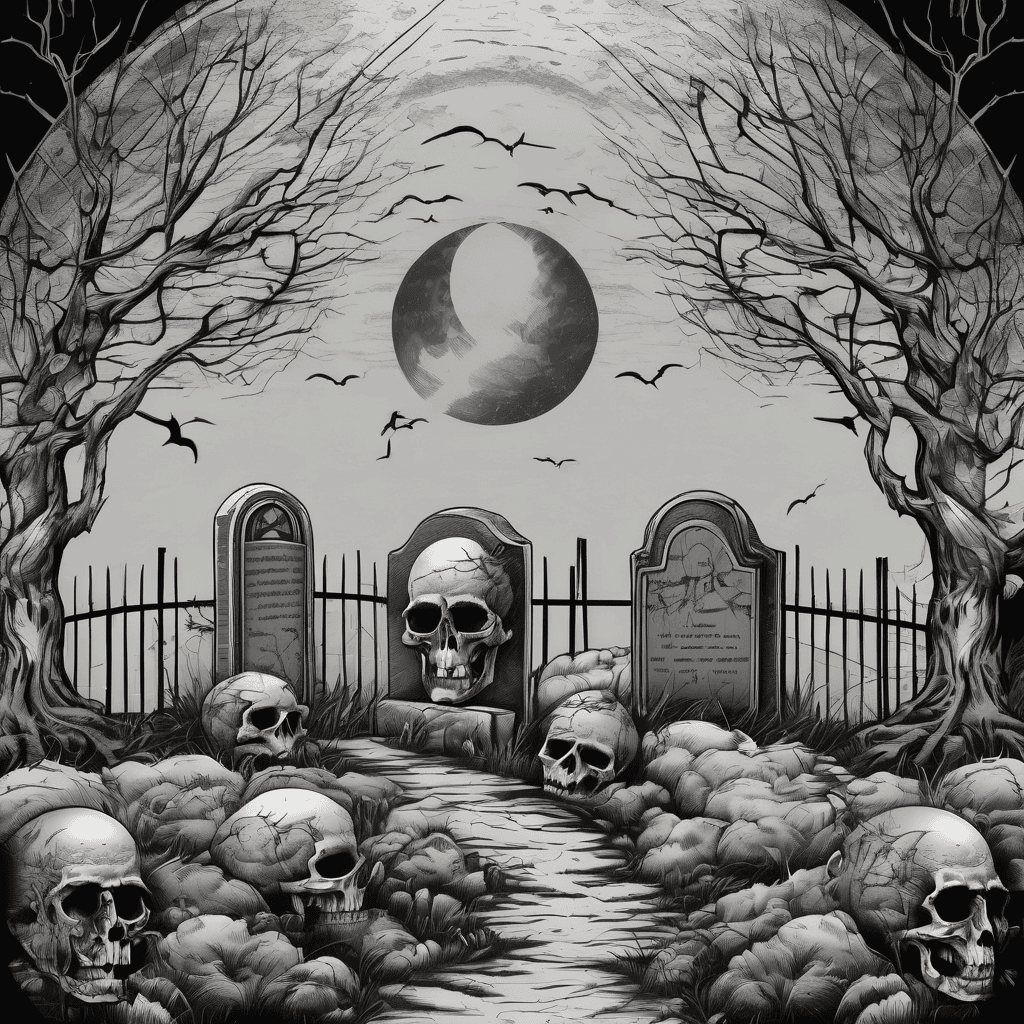 Graveyard with fence around tree with faces in bark under a skull moon