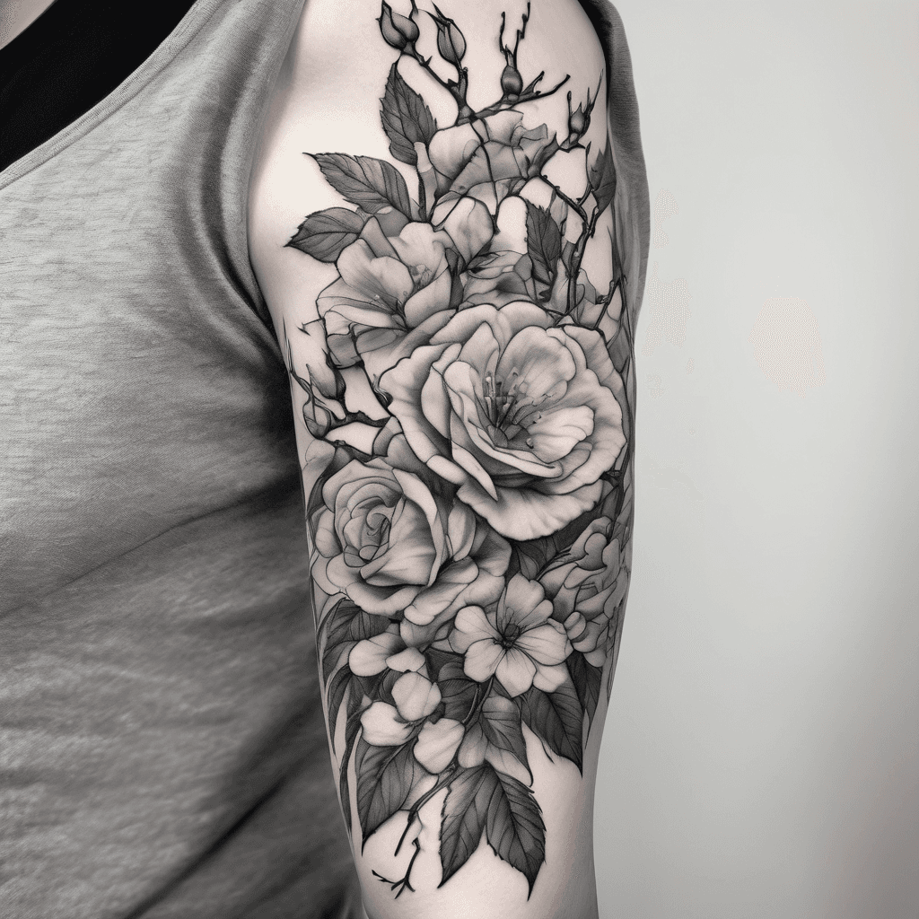 A full sleeve tattoo of roses and cherry blossoms, including the stems and vines black-and-white realistic