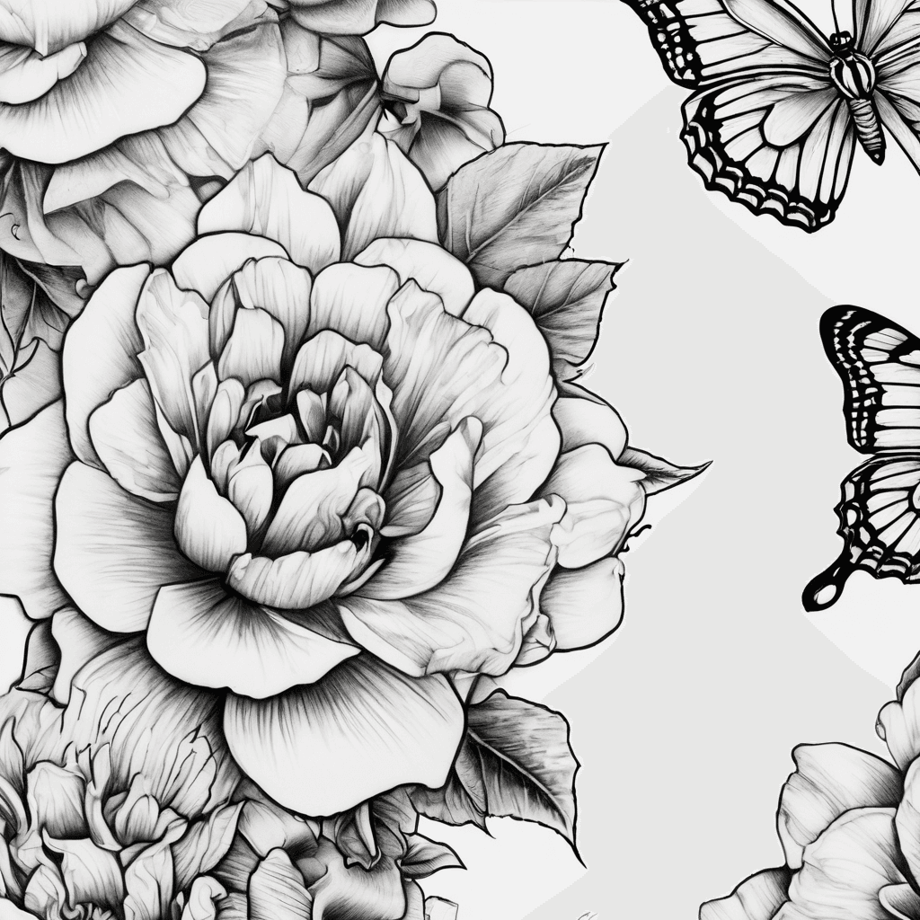 A beautiful tattoo design featuring the name "Dyllin" in elegant lettering to match peoni flowers and butterflies