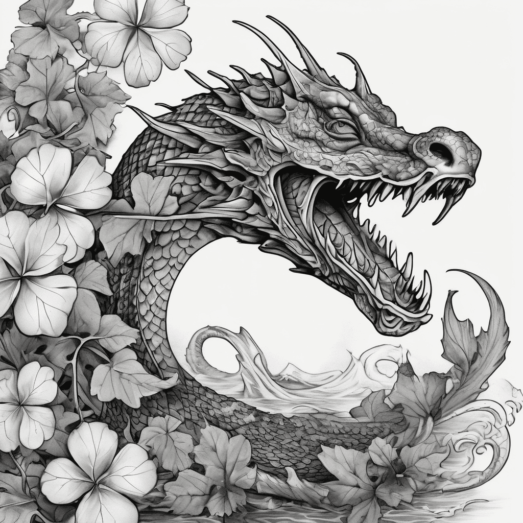 A black and grey tattoo design of a realistic, majestic sea serpent with a closed mouth, fully contained inside a frame made of a hybrid leaf that is half smooth Irish shamrock and half jagged Canadian maple leaf, split seamlessly down the middle