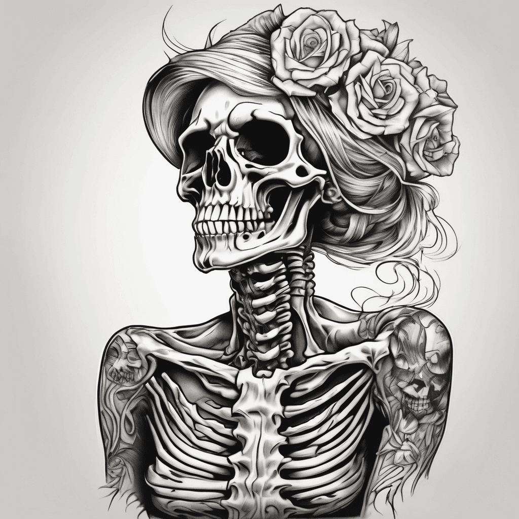A skeleton standing up pin up with a melting face with a blowing skirt