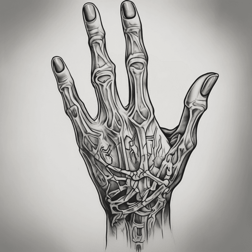 A skeleton hand tatto for left hand on white skin thr skin acting as the skeleton and blacking out the skin around it with a smoke trail and street life trail Turing into norse pagan runes and signs that then turn into major norse pagan stu