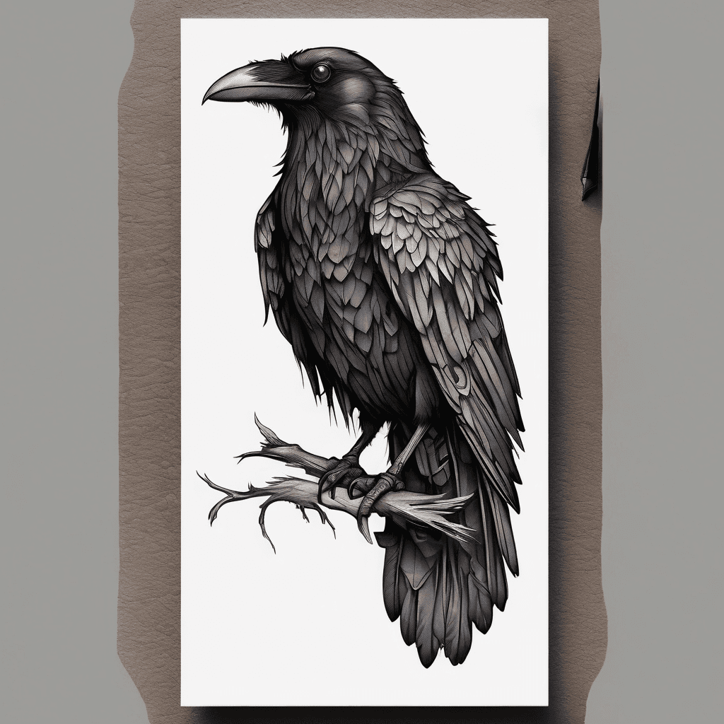 a black raven tattoo that covers external forearm. give it a mysterious ancient vibe. make the raven calm, with a harsh wise face and a scar on its eye. use a subtle ancient Persian elements like shapes and lines, not actual symbols.