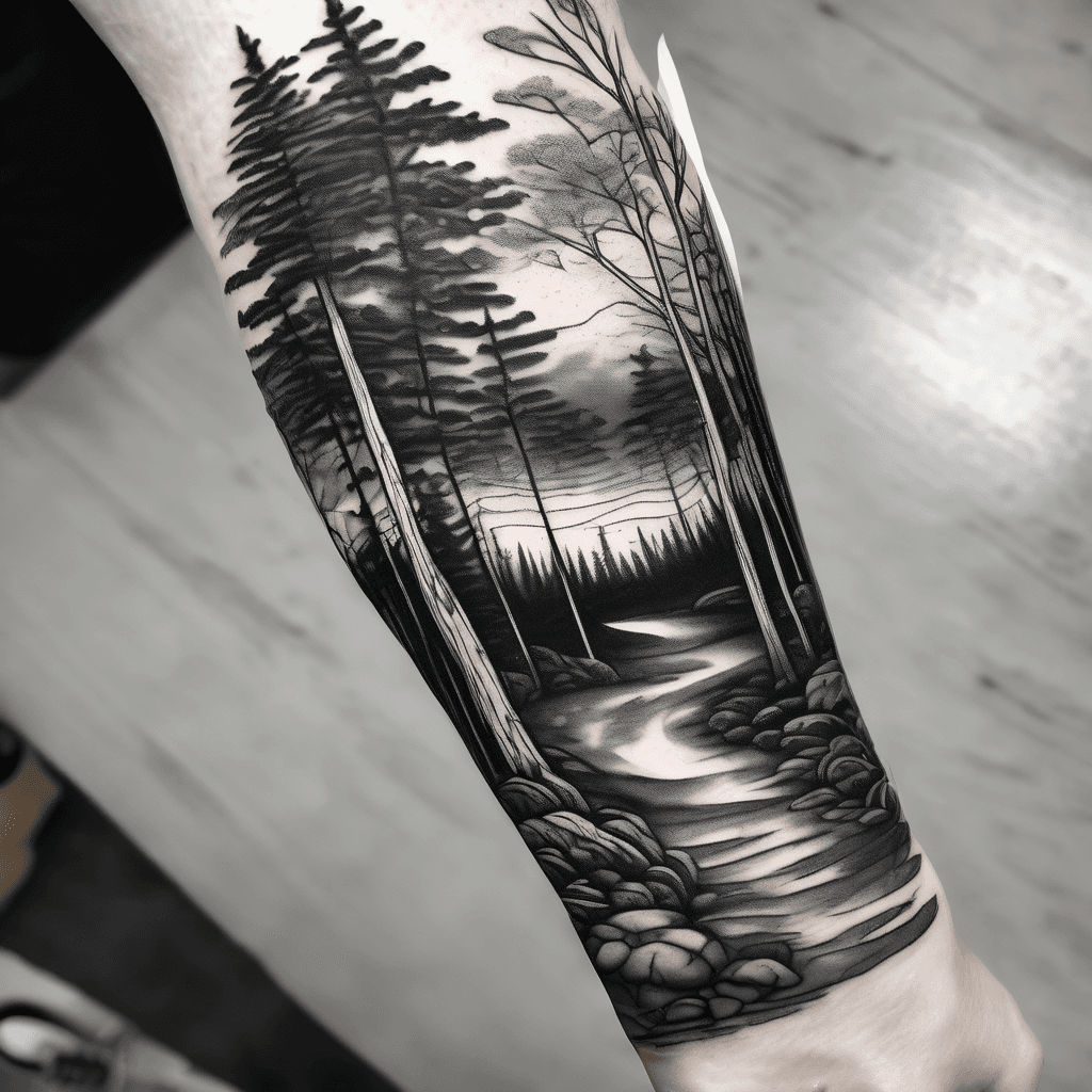 Forest scape beginning at wrist and extending 7inches up the forearm wrapping around the arm.
Black band at the bottom, large and small trees, some in background.