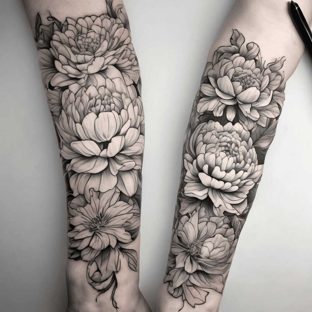 Dahlias and peonies wrapped around the lower forearm. A letter C F and P incorporated and a frog and guinea pig. One black and one gold wedding band