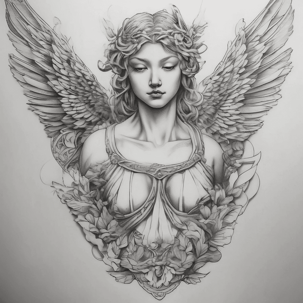 A fine line microrealism design with Rui, 睿, Integrity, angels, Roman designs, renaissance ideas