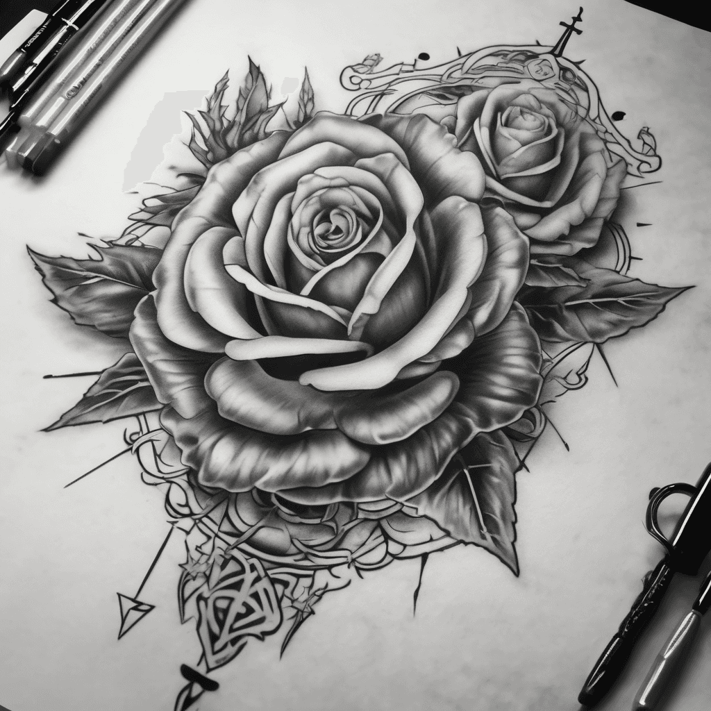 Black and grey Stil. Erstelle mir ein Unterarm tattoo mit Rosen Wolken und einem Kreuz in dem Kreuz ein Datum und zwar 13.12.25