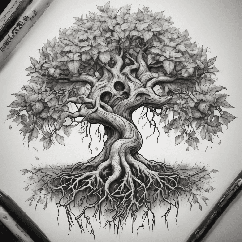 A tattoo of the basic poison tree symbol but the roots of the tree should be twisted and tangled visibly and half of the tree should have fruits and leaves while the othe side is baren