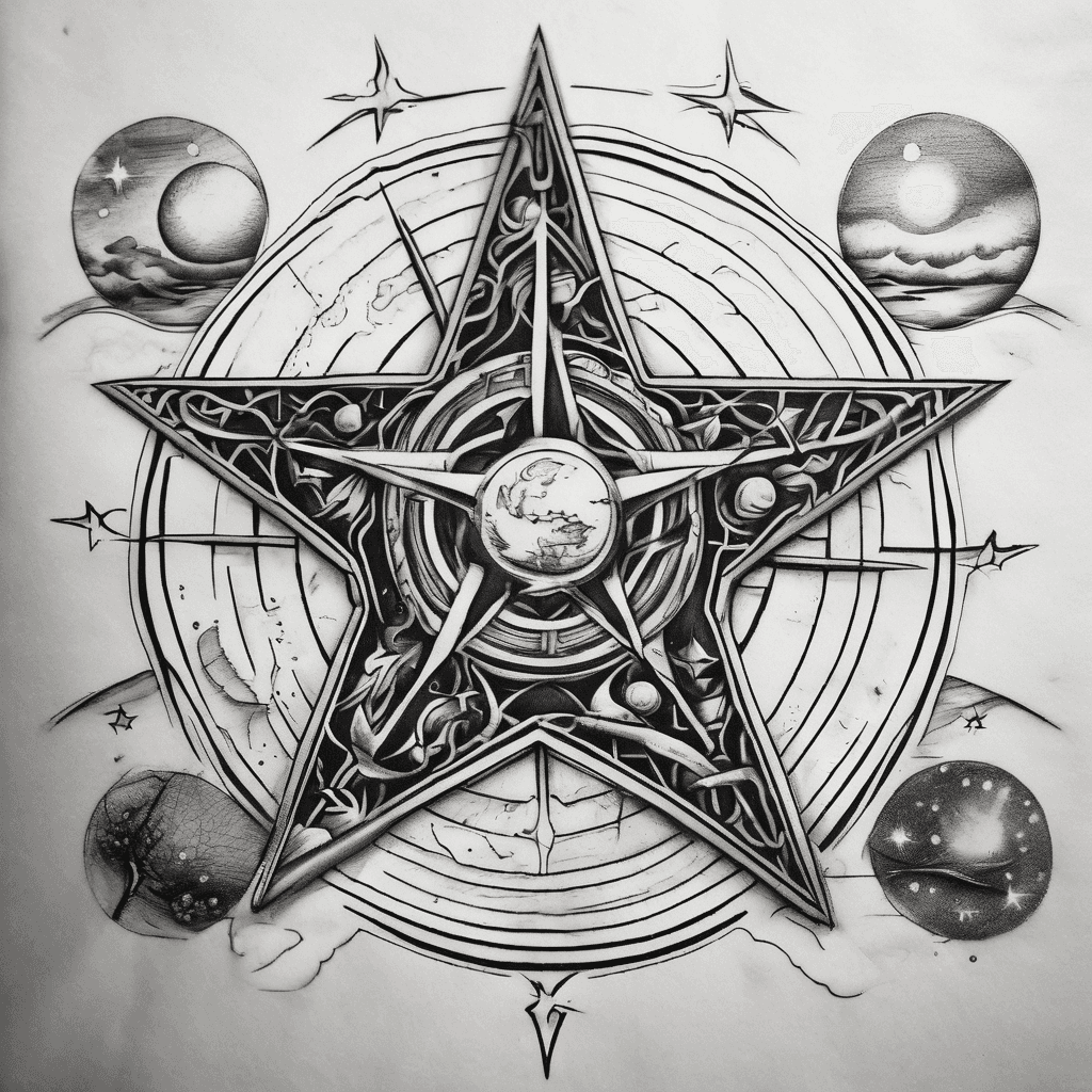 A composition with a pentacle (5 point star), a moon and a lighting bolt or somethins that sparks, stardust, connection with the sea somehow. Medium size for the arm. Spiritual, Fine line, femenine.