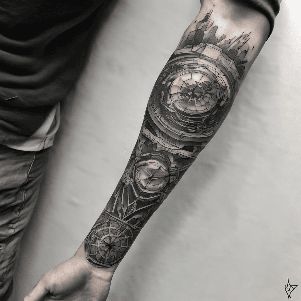 Design a large but light black-and-grey fine-line realism tattoo for the right arm, extending from the shoulder through the upper arm and forearm but ending clearly above the wrist. Create one cohesive flowing composition rather than separa