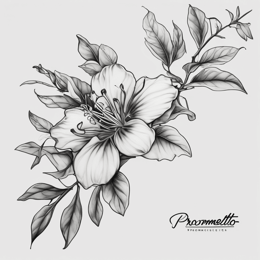 Black and white realistic honeysuckle floral vine along the collarbone with delicate and feminine script of the word prometto