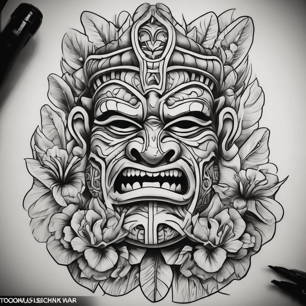 A Hawaiian tiki god of love in black ink on my right bicep…connecting my existing tiki god of war (ku) tattoo on my back on right shoulder blade…use red/orange Hawaiian flowers to connect them