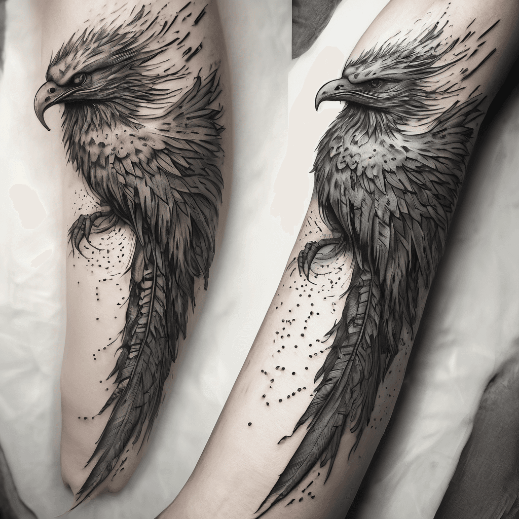 Realistic burning matchstick with engraved morse code only in the wooden stick, semicolon burn mark, wide rising flame flowing into black‑grey phoenix above, detailed feathers, vertical forearm, clean linework.