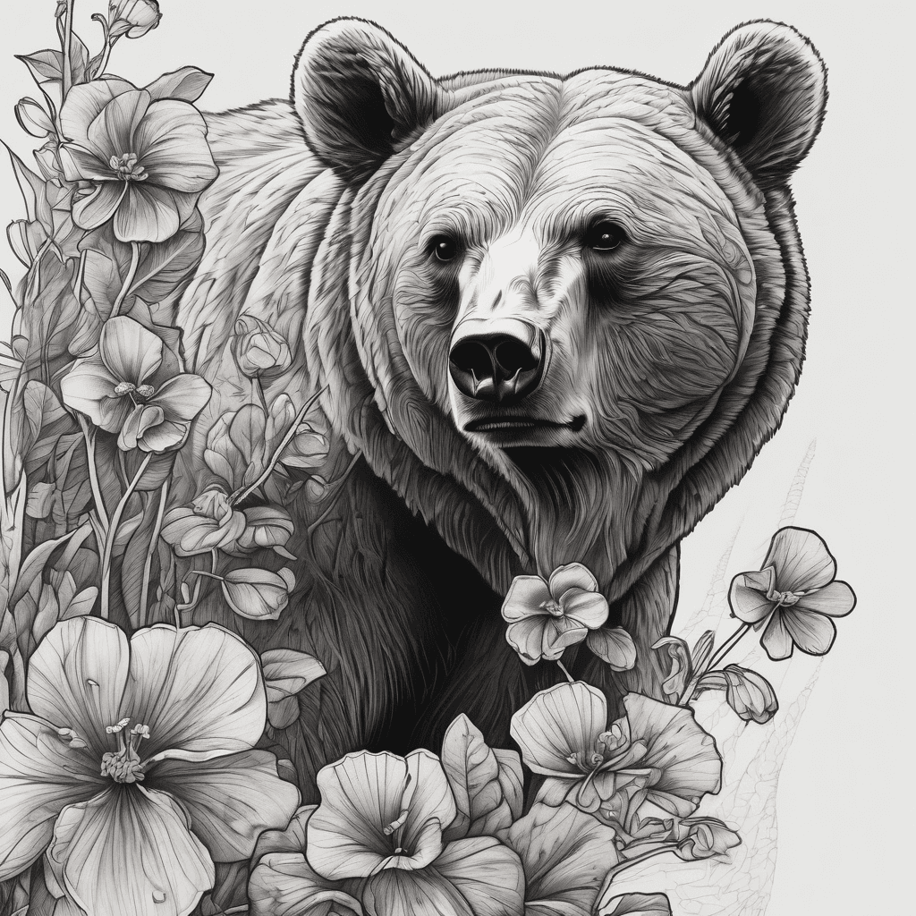 : The mama bear walks vertically up your arm toward your elbow, with the cub trailing closely behind her, walking over a delicate pathway of blooming violets fine line