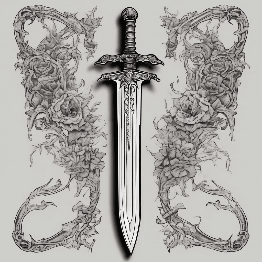 A sword, long, narrow and symmetrical, with a strong, disciplined medieval longsword aesthetic showing slight signs of wear. Integrate the words “MEMENTO MORI” vertically engraved on the blade itself, running down the central fuller. I want it on my inner forearm.