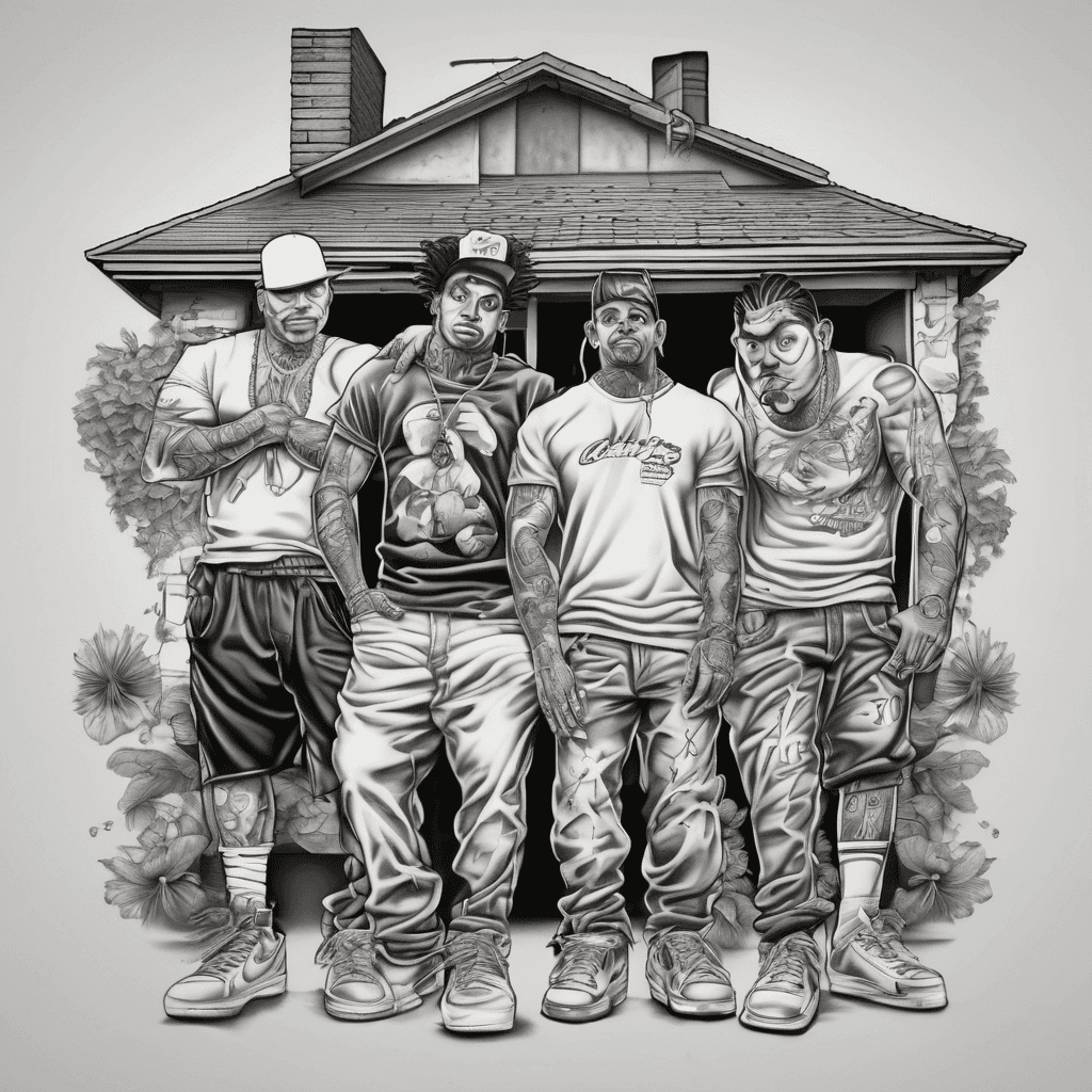Can you create a back piece with five little cholo characters all wearing clown tears on their faces. Some wearing Nike Cortez, Converse, Nike air max. Muscle shirts, plain t shirts, jerseys. We from superior AZ so you can throw a ghetto scenery of old houses in the background.