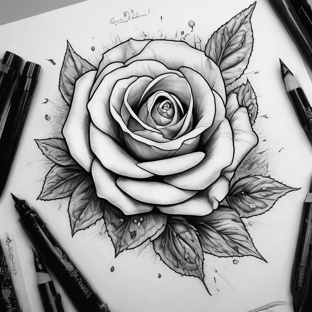 Generate a Claire Obscure expedition 33 inspired tattoo. I want a rose with fallen petals (like those from the gomage), who's body should be the text "Tomorrow comes" in cursive (with a font inspired by the game) and the end should have the stylized 33. The placement should be the inside of the forearm.