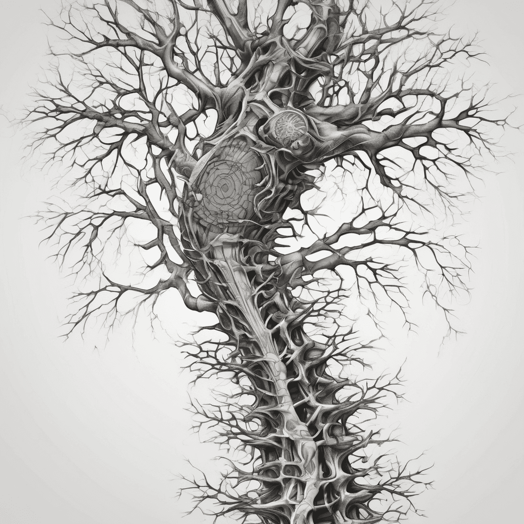 spine tattoo with tree along spine with tech spreading outwards like veins/virus