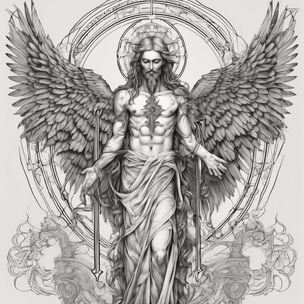 seraphim over a long cross for chest tattoo