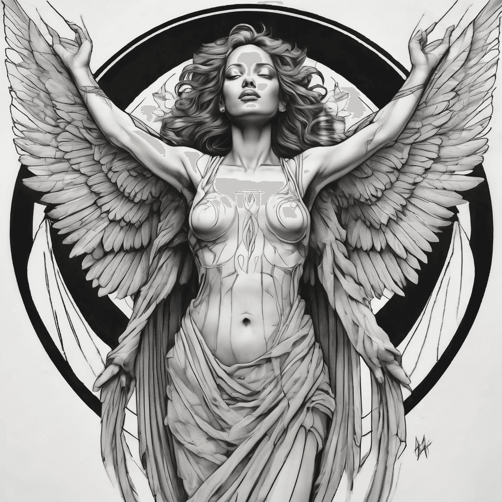 A fine line black and gray female angel with her arms stretched out wide looking up to heaven as she begins to rise