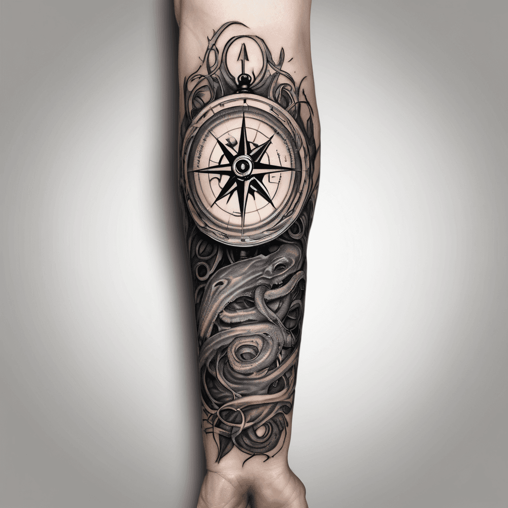 Old compass on inner forearm with an octopus on the shoulder wrapping tentacles around the compass