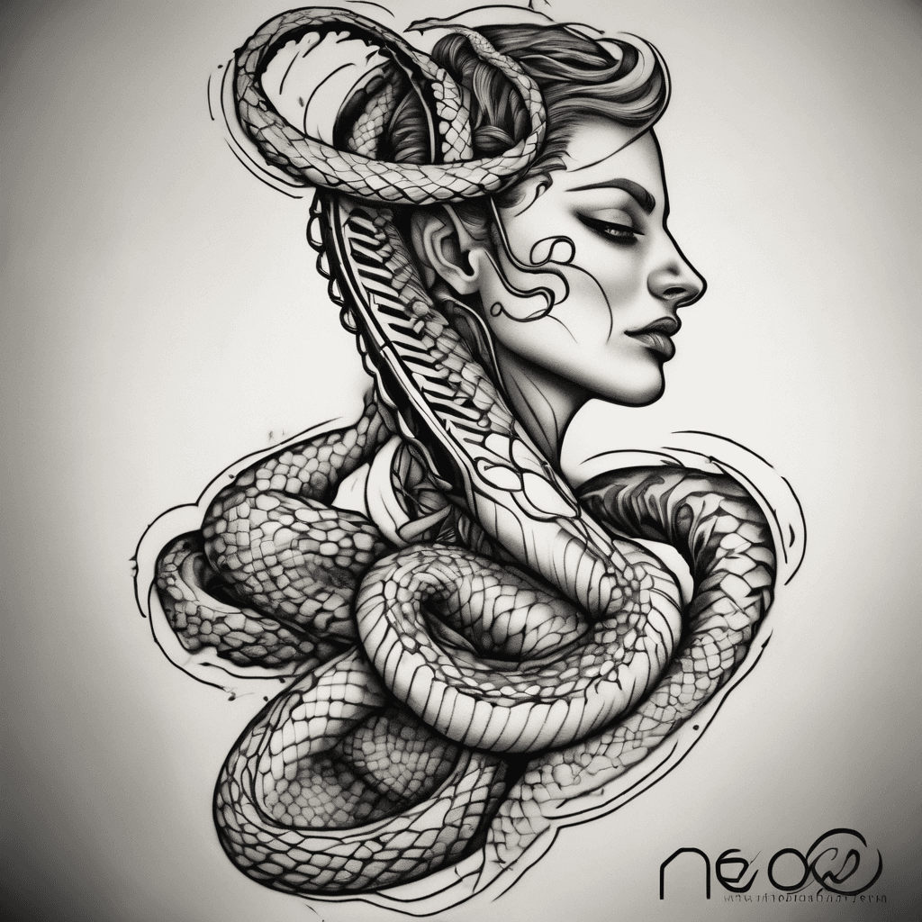 I want a double helix DNA strand going up the spine with a snake travelling up and wrapping around it with the head of the snake reaching the neck