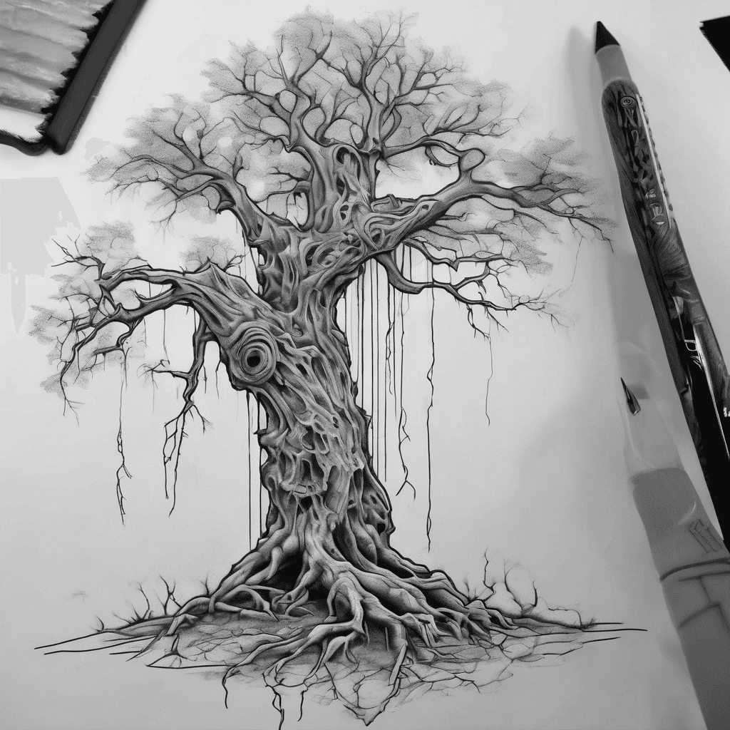 A half alive half dead tree. The alive half has a swing in a branch and the dead half has a graveyard