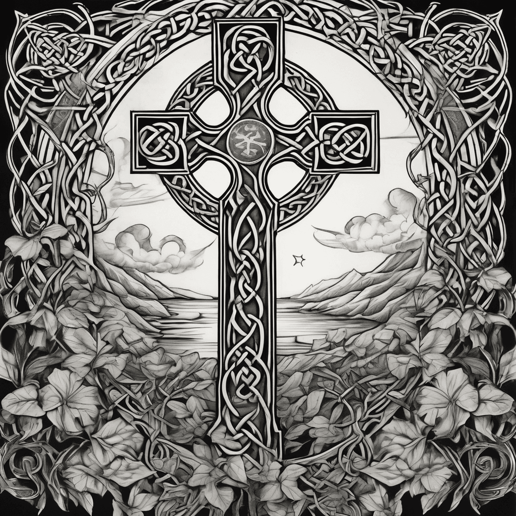 A Celtic cross with Celtic knot design covering it and vines hanging off of it with Stonehenge and a full moon and stars behind it all