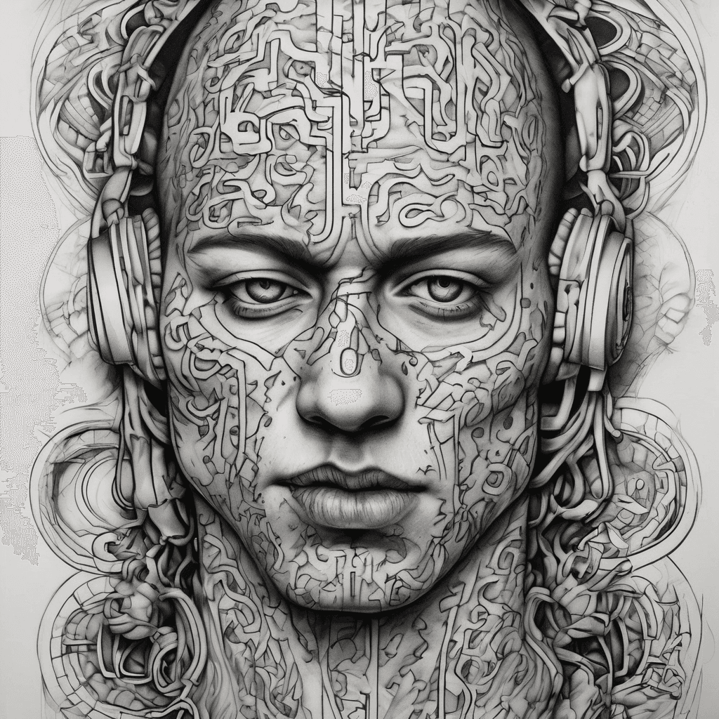 A tattoo of {"name":"Jason"} with curly braces morphing into circuit traces and a small semicolon woven as a binary ribbon.