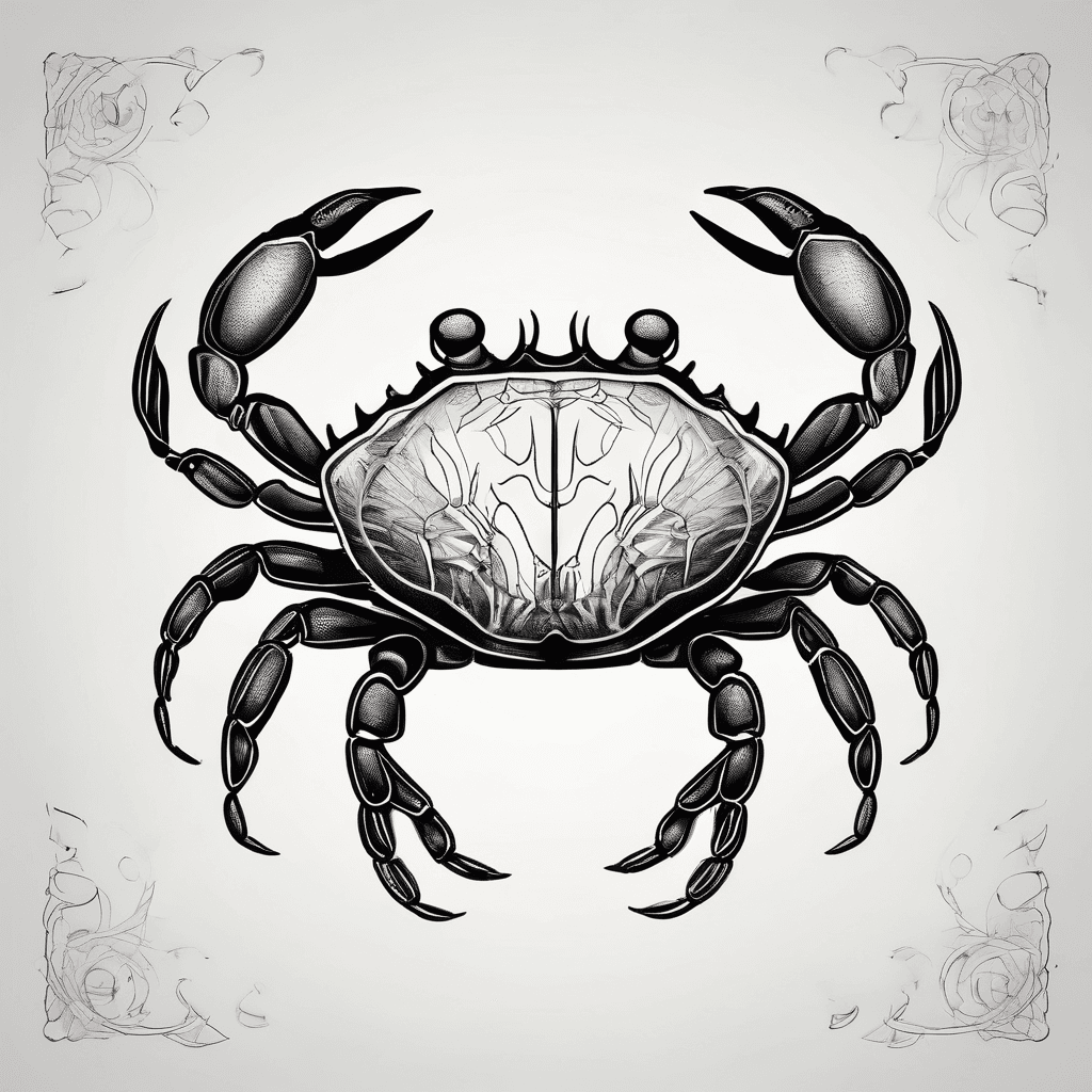 Small black crab with hearts for claws and in style of Picasso