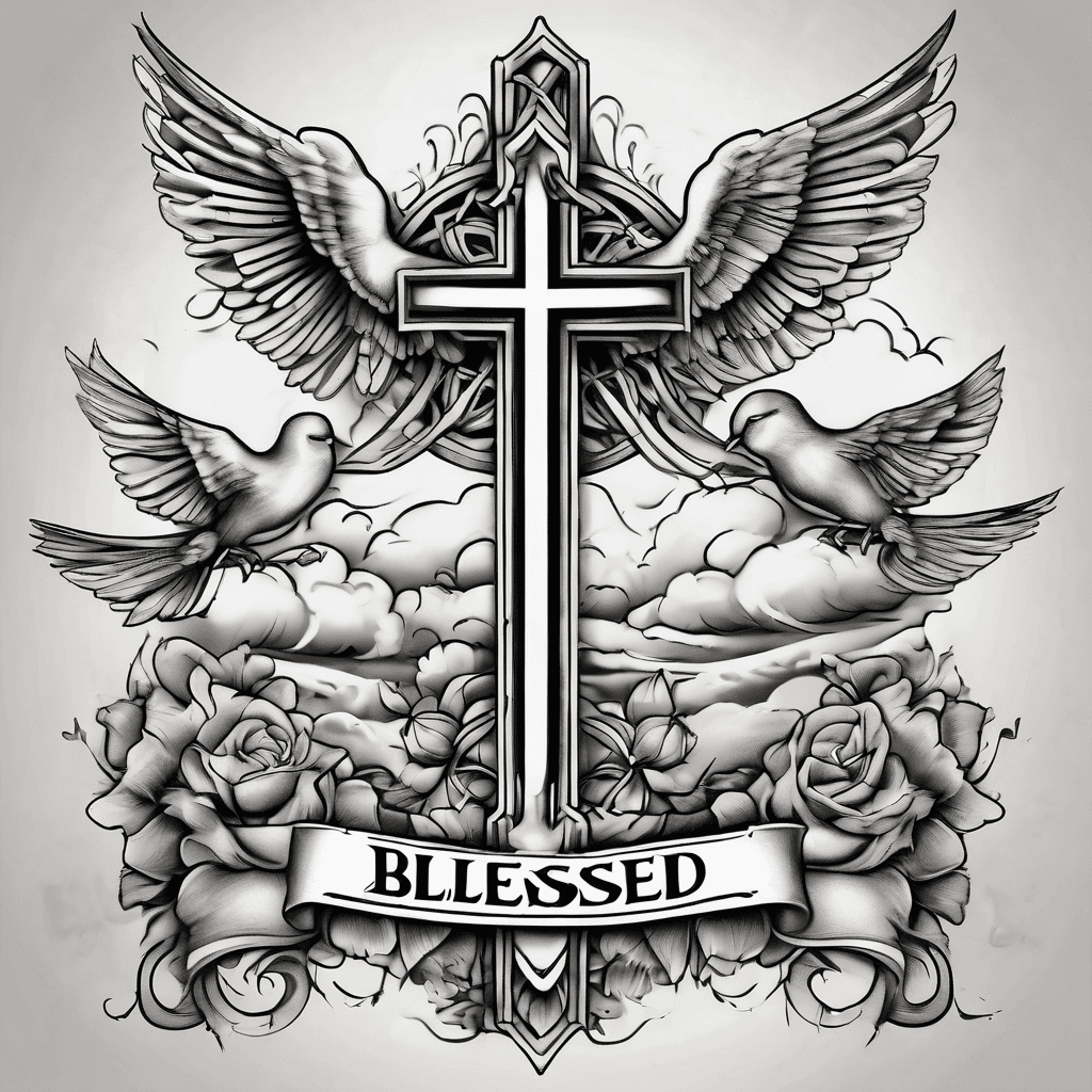 The word blessed in beautiful letter font and around it shading clouds and above the word blessed and Christian cross and next to the cross three cove birds