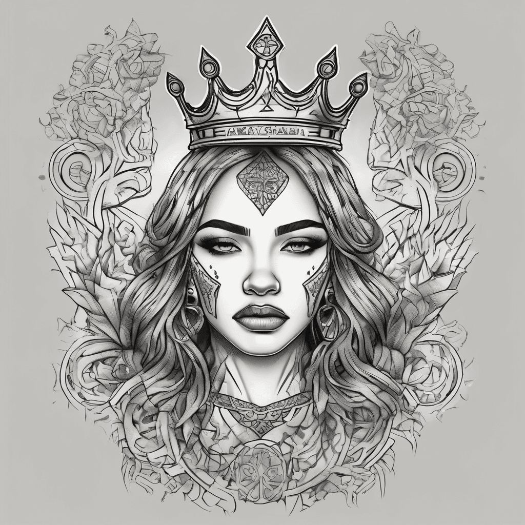 A tattoo design featuring the name "Alayah" on the hand in Mexican type lettering either a king crown on top of the “A”