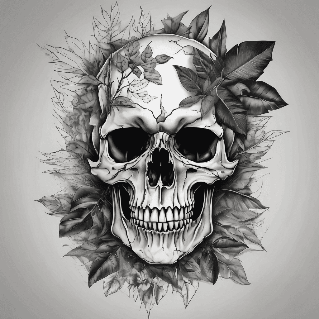 Black and grey. A skull with its tongue out. Leafs and branches around the skull but not too many. Jungle theme.