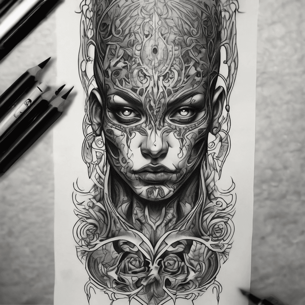 I want a demonic face with another face 2 in 1. So the eyes are from both people. Black & Grey, and I want ornamental details. All of this on the calf.