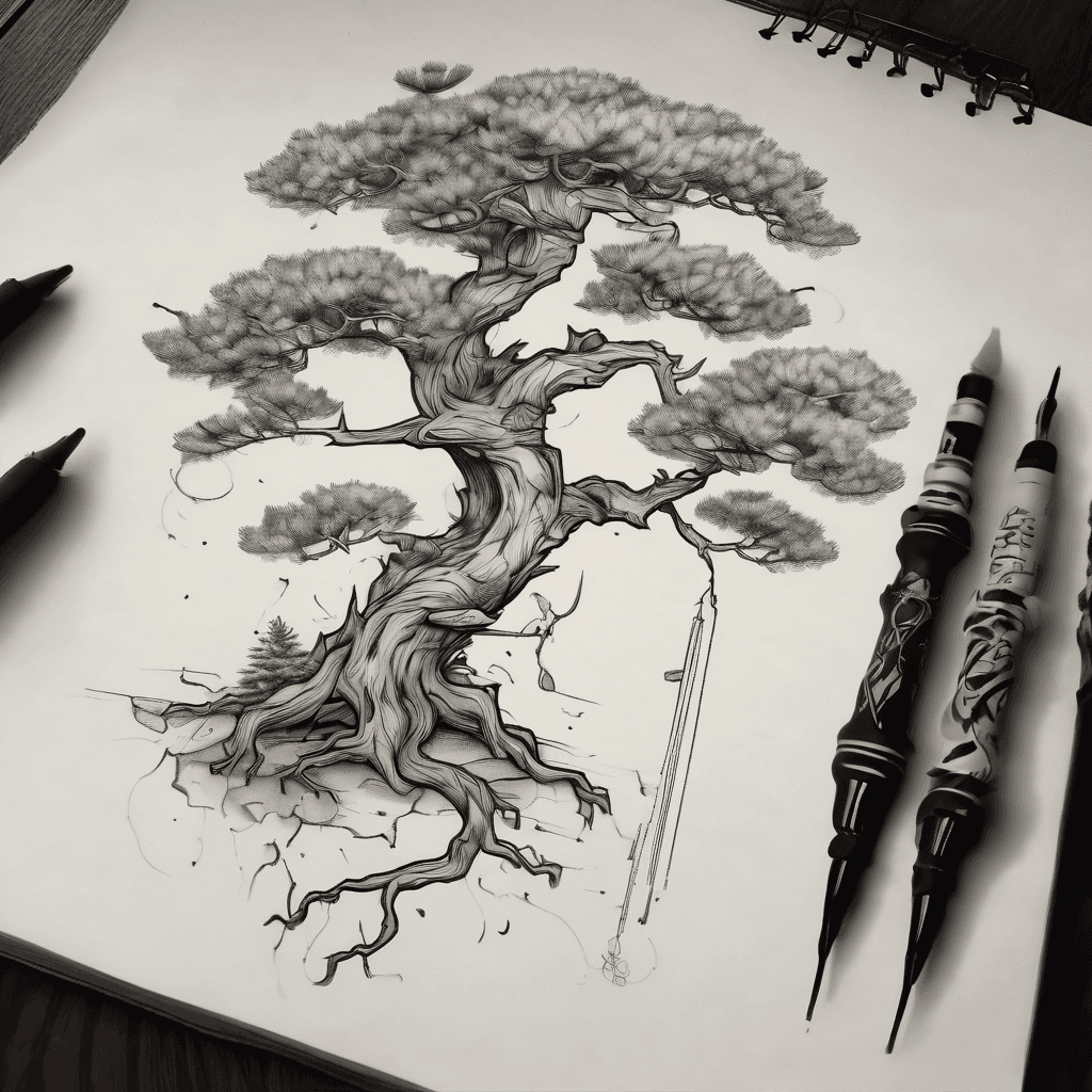 A vertical minimalist tattoo concept, fine-line and linework style. At the top, a balanced bonsai pine tree with branches expanding symmetrically to both sides. The wooden trunk extends downward as the vertical axis. A small fine-line drago