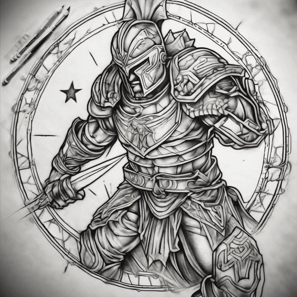 A minamilist fine line tattoo which goes in my thigh down to my knee and includes a Spartan on my thigh, star in my knee